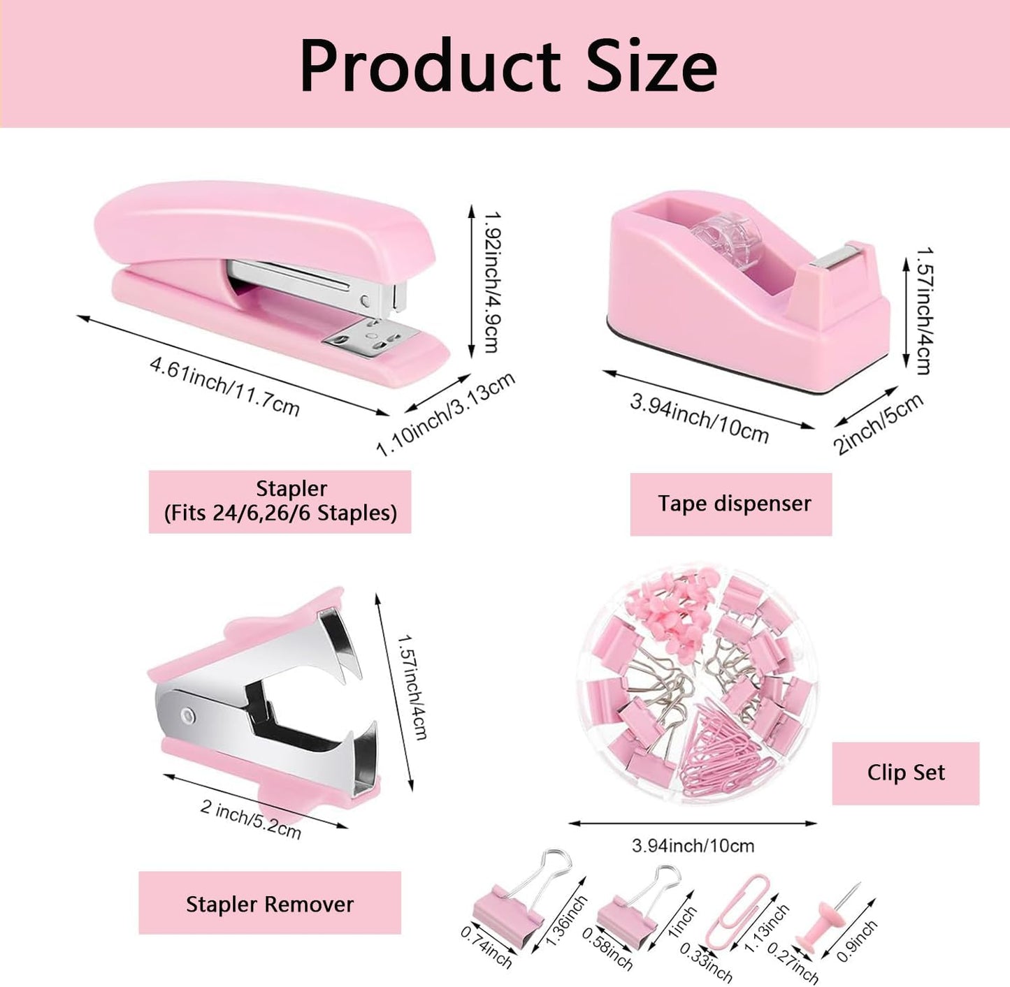Office Supplies,Pink Desk Accessories,Office Supplies Set,Stapler and Tape Dispenser Set,Scissors,Staple Remover,Binder Clips,Staples,Ballpoint Pen,Index Tabs with Ruler,Clear Tape.9pcs for Office