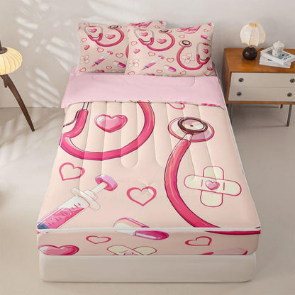 Erosebridal Peach Nurse Zipper Bedding Twin Pink Stethoscope Zip Up Bedding Set for Boys and Kids, Cute Heart Nursing Bed in a Bag Medical Healthcare Comforter with Fitted Sheet and 2 Pillowcases