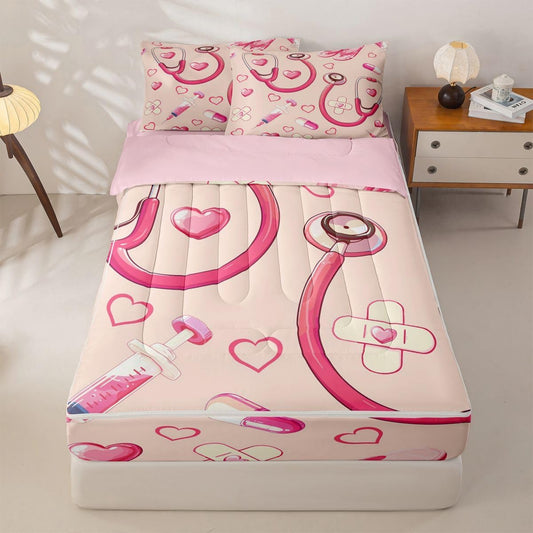 Erosebridal Peach Nurse Zipper Bedding Twin Pink Stethoscope Zip Up Bedding Set for Boys and Kids, Cute Heart Nursing Bed in a Bag Medical Healthcare Comforter with Fitted Sheet and 2 Pillowcases