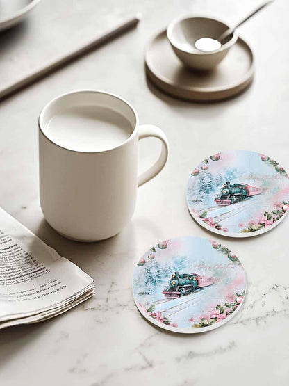 Merry Christmas Coaster Set of 6 Train Snow Flowers Lights Berries Pink Drink Coasters Absorbent Ceramic Coaster for Table Dining Cup Mat for Kitche Cafe Bar Warming Gifts 4 Inches