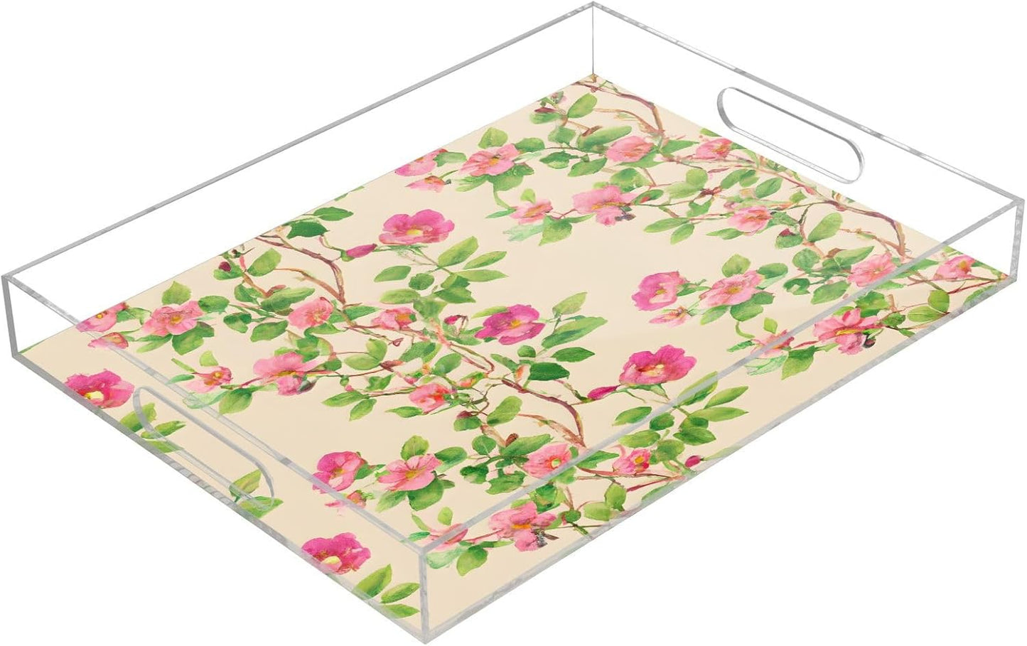 Kigai Pink Floral Leaves Serving Tray with Handles, 12x16 Inch Decorative Acrylic Tray Organizer, Multi-Purpose Sturdy Serving Platter for Coffee Table, Kitchen, Vanity, Nightstand