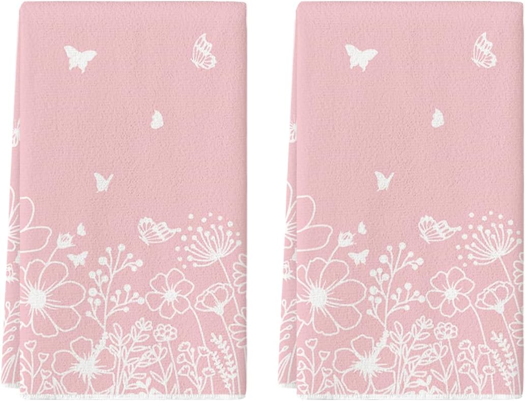 Artoid Mode Pink Butterfly Floral Spring Kitchen Towels Dish Towels, 18x26 Inch Farmhouse Summer Decoration Cleaning Set of 2