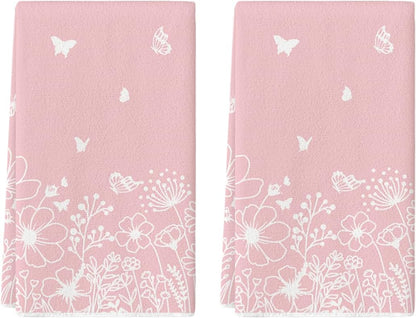 Artoid Mode Pink Butterfly Floral Spring Kitchen Towels Dish Towels, 18x26 Inch Farmhouse Summer Decoration Cleaning Set of 2