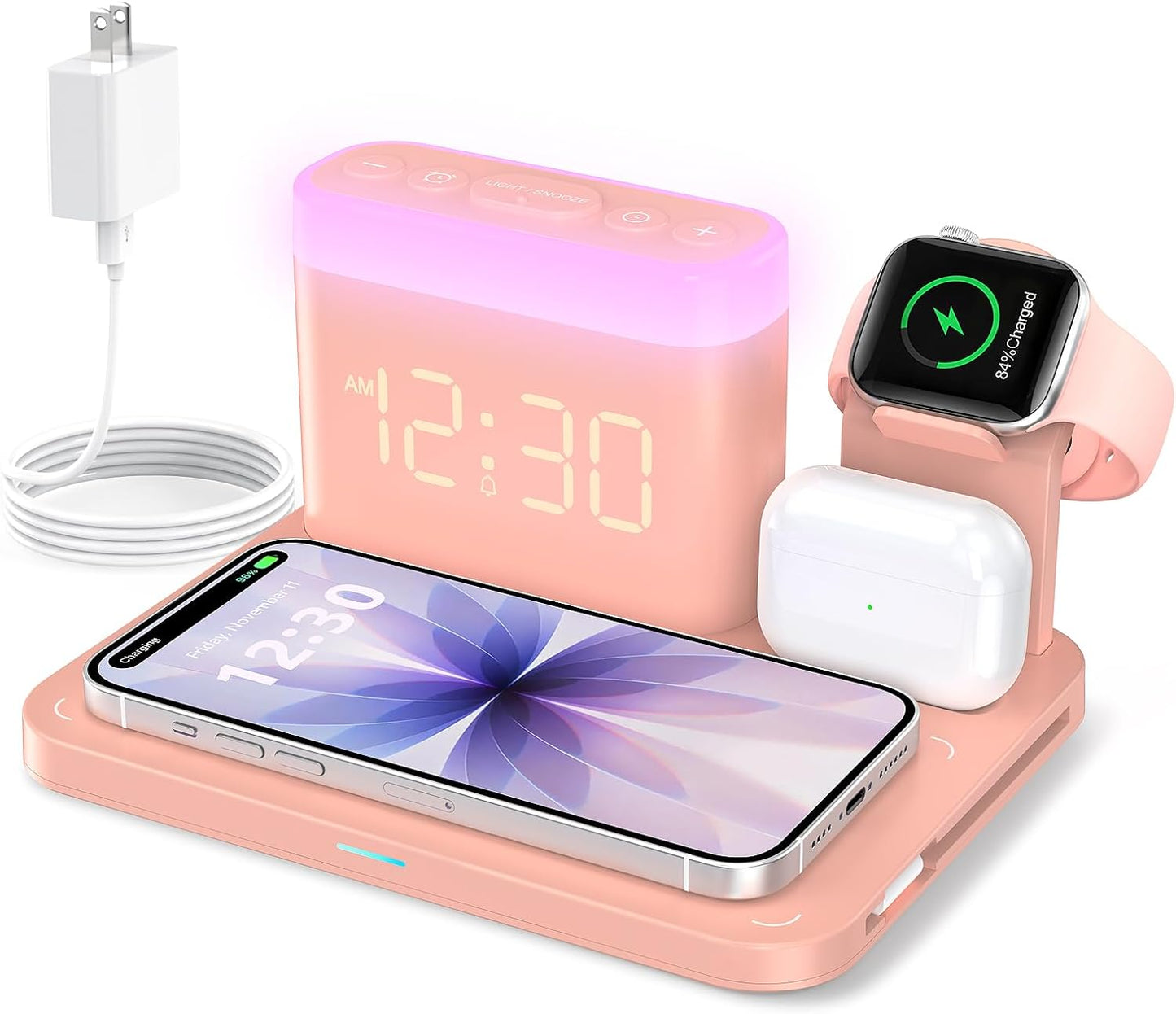 ANJANK 5 in 1 Wireless Charging Station with Alarm Clock,7 Night Light & 0-100% Dimmer,Qi Mag-Safe Charger Stand for Apple Devices - for iPhone 17 16 15 14 13 12 Pro Max Plus Air,Apple Watch,Airpods