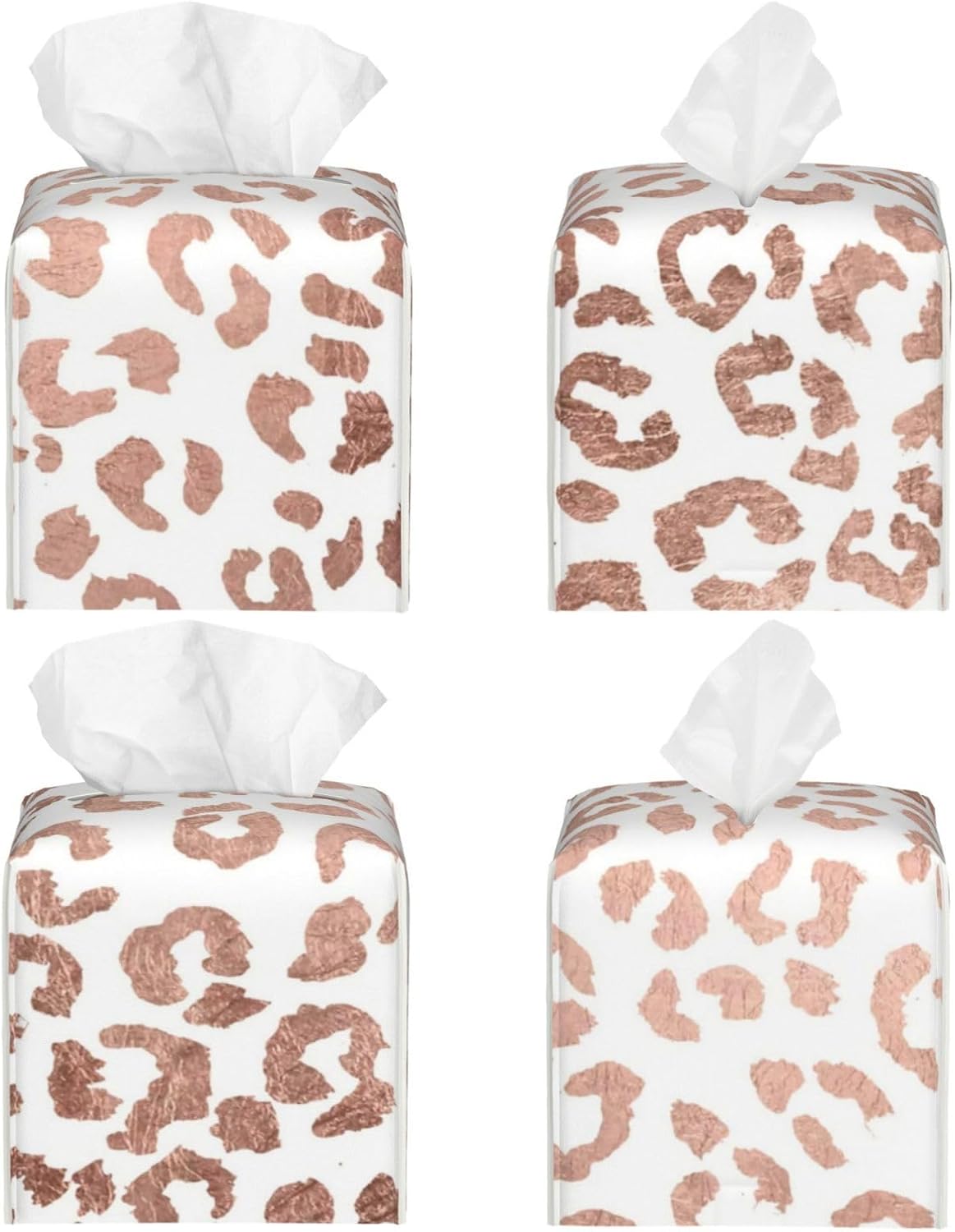 Tissue Box Cover Stylish Hand Drawn Rose Gold Leopard Print Modern PU Leather Square Tissue Box Holder - Decorative Organizer for Bathroom Vanity Countertop Night Stands Office Desk & Car