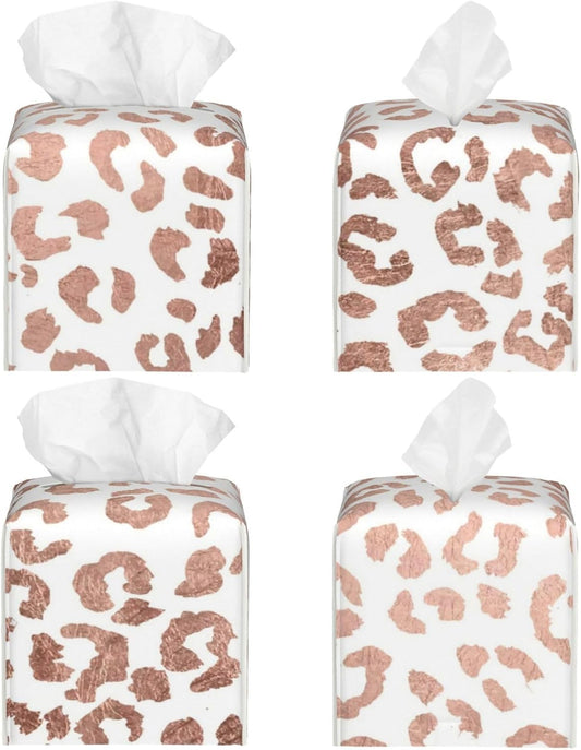 Tissue Box Cover Stylish Hand Drawn Rose Gold Leopard Print Modern PU Leather Square Tissue Box Holder - Decorative Organizer for Bathroom Vanity Countertop Night Stands Office Desk & Car
