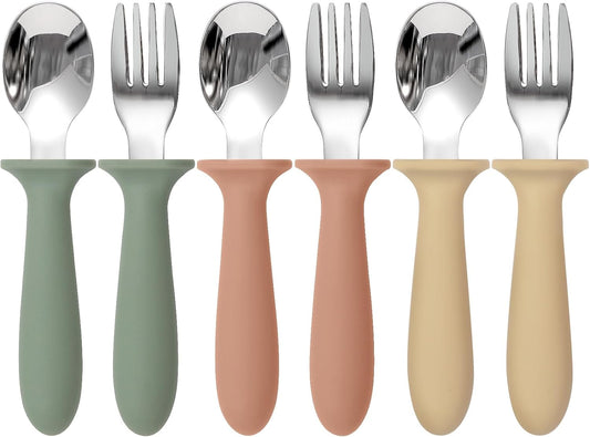 Eascrozn 6 Pack Toddler Utensils, kids Silverware with Silicone Handle, 18/8 Stainless Steel Children Safe Spoons and Forks Set Baby Feeding Essentials, Dishwasher Safe