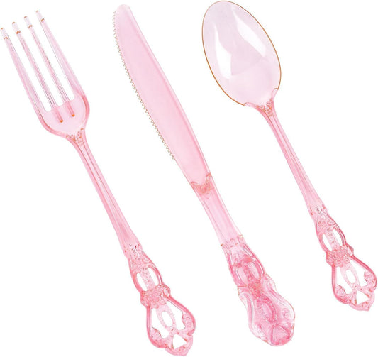 150PCS Pink Plastic Silverware - Heavy Duty Elegant Disposable Utensils - Vintage Baroque Cutlery Set Disposable Includes 50Forks, 50Spoons, 50Knives for Dinner Party Wedding