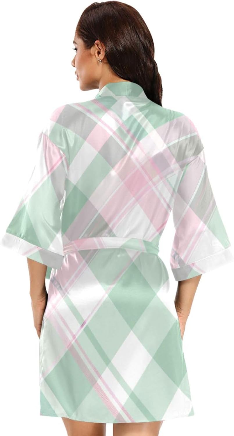 Ladies Mint Green Pink Check Bathrobes Warm Nightgowns for Women Home Beach