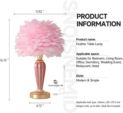 ZYLEISENBAO Pink Feather Lamp Creative Princess Bedside Lamp Feather Table Lamp Cute Goose Nightstand Light for Girl Bedroom Living Room Entryway Hotel Office Wedding Valentines