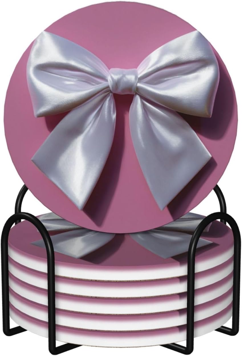 White Satin Bow On Light Pink Ceramic Coasters with Holder Set of 6 Coffee Cup Drink Coasters