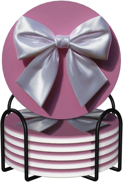 White Satin Bow On Light Pink Ceramic Coasters with Holder Set of 6 Coffee Cup Drink Coasters