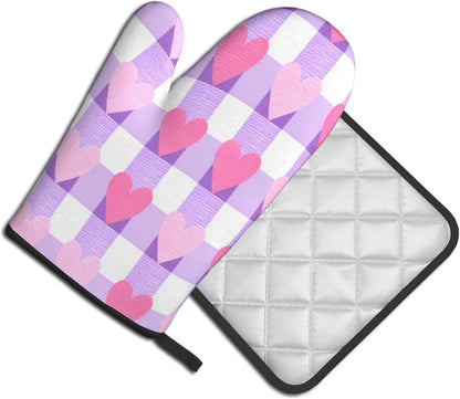 Pink and White Checkered Heart Pattern Oven Mitts and Pot Holders Sets,Heat Resistant Potholder Kitchen Decor for Cooking Baking BBQ, Oven Glove Set