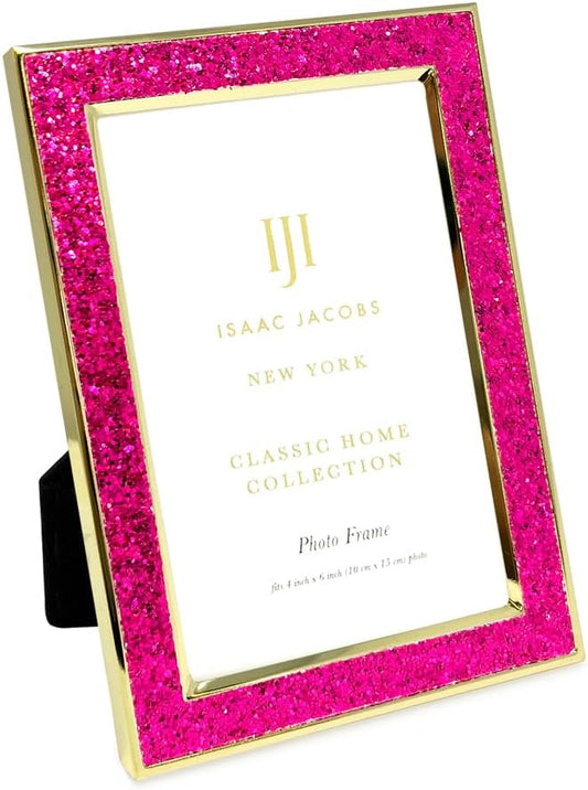 Isaac Jacobs 4x6 Ruby Pink w/Gold Metal Glitter (Vertical & Horizontal) Picture Frame, w/Black Fabric Easel, Wall-Mountable, Tabletop, Counterspace, Shelf and Desk (4x6, Ruby Pink w/Gold Glitter)