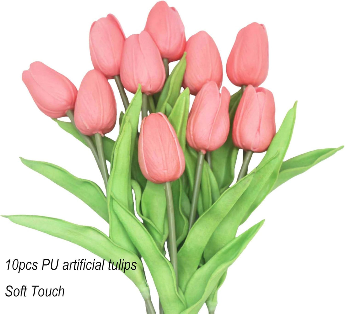 10-Heads Artificial Flowers PU Mini Real Touch Tulip Bouquets for Home Wedding Party Centerpiece Decoration (Coral)
