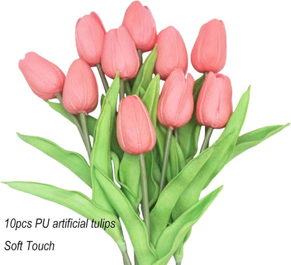 10-Heads Artificial Flowers PU Mini Real Touch Tulip Bouquets for Home Wedding Party Centerpiece Decoration (Coral)