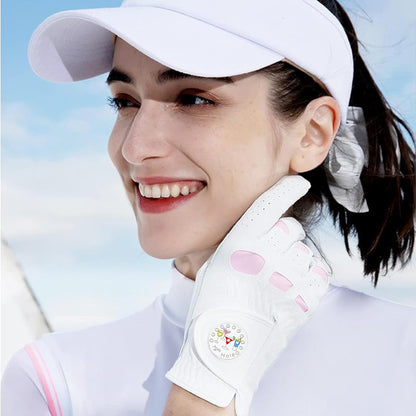 VEASAERS Golf Gloves Women Leather with Ball Marker 3 Pack, Left Hand Right Stylish Pink All Weather Grip Breathable Glove, Fit Sizes Small Medium Large for Womens Ladies