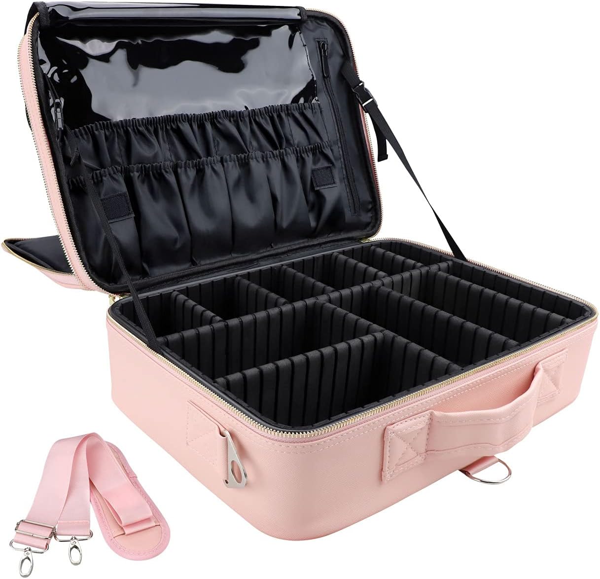 Travel Makeup Train Case,Large Capacity Cosmetic Bags for Women,Portable Makeup Bag Organizer with Adjustable Dividers & Shoulder Strap(Pink, L)