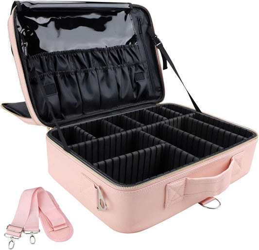 Travel Makeup Train Case,Large Capacity Cosmetic Bags for Women,Portable Makeup Bag Organizer with Adjustable Dividers & Shoulder Strap(Pink, L)