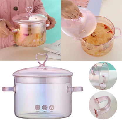 Pink Glass Saucepan with Lid and Handle,Heart-Shaped Glass Cooking Pot, 1.5L/50oz GlassCooking Pot,Heat Resistant,Safe for Oven,Gas,Electric Stoves and Dishwashers Safe,for Pasta Soups Potpourri