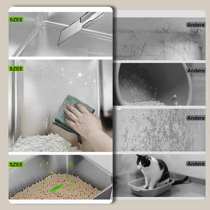SZEE Stainless Steel Cat Litter Box with 180°Flip-Top Lid, Easy Clean XL Enclosed Litter Box, Large Covered Steel Cat Box with Scoop, Odor Control and Anti-Urine Leakage, 23.2 * 15 * 15 Inch, Pink