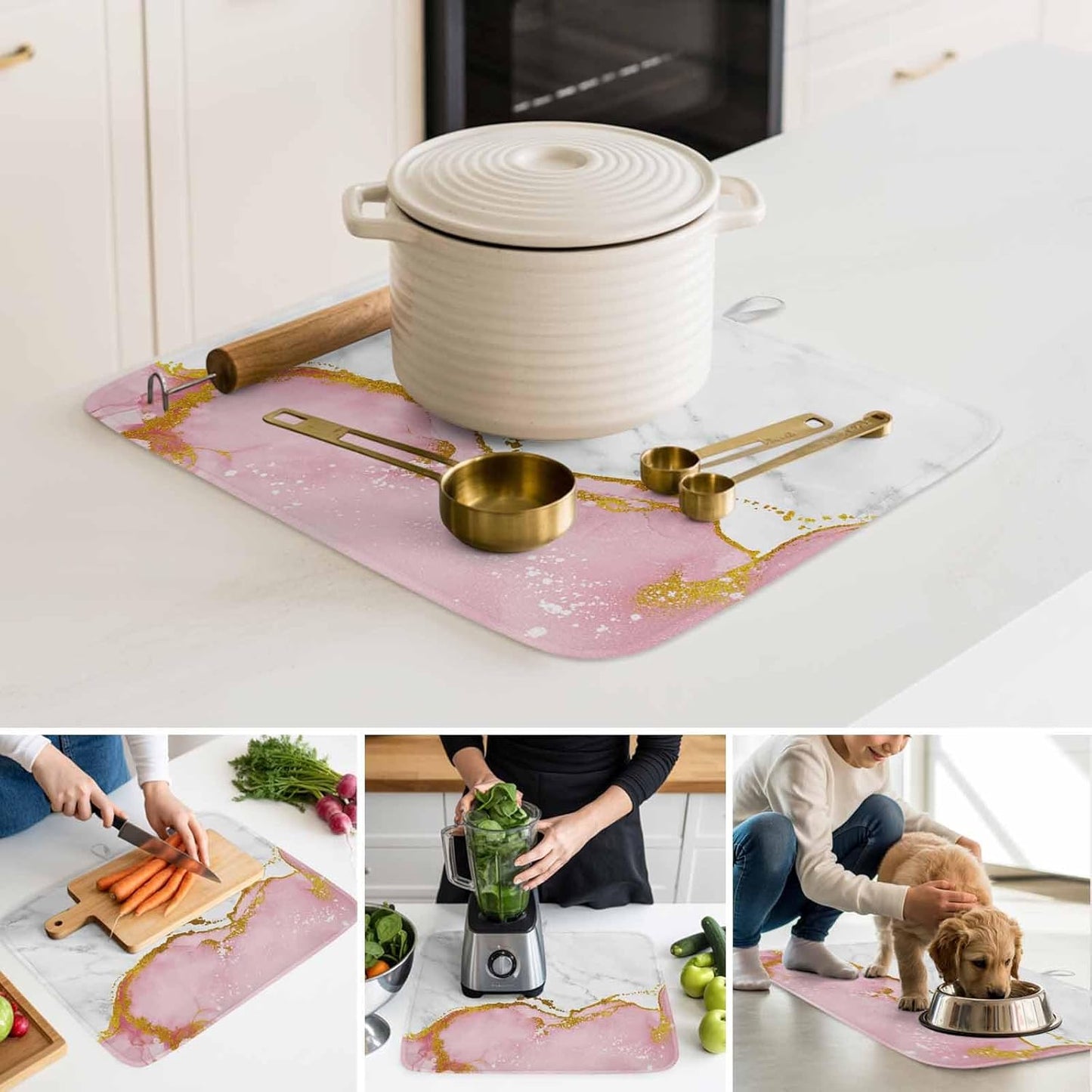 Dish Drying Mat for Kitchen Counter, Modern White Pink Marble Texture Absorbent Dish Mats Foldable Microfiber Drainer Pad 1PCS 18"x16", Classic Stone Artwork Plate Holder Mat for Countertop Sink