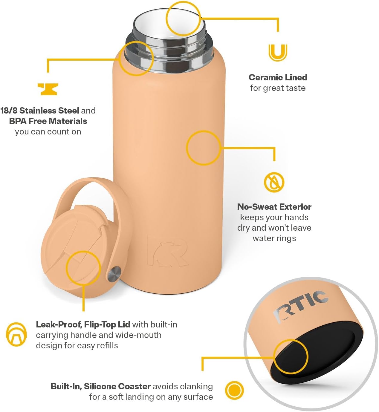 RTIC 32oz Outback Water Bottle, Ceramic Lined, Insulated, Stainless Steel, Double Wall Vacuum-Insulation, Leak-Proof Lid, BPA-Free Water Flask Hiking, Running, Sports, Outdoor, Peach Tea