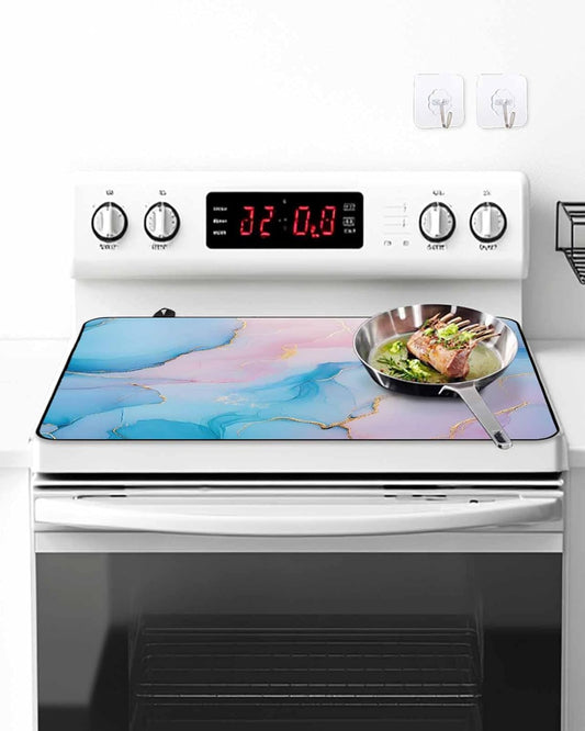 Light Pink Blue Marble Stove Top Cover for Electric Stove Modern Art Abstract Gold Texture Ombre Heat Insulation Stove Mat for Glass Top Flat Cooktop Countertop Protector Dish Drying Mat 28.5"x20.5"