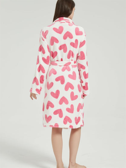 Women's Pink Heart Printed Wrapped Belted Flannel Lounge Robe, Casual Pocket Shawl Collar Thermal Robe
