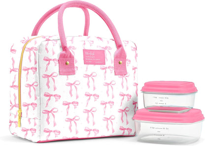 Bloomington Lunch Bag for Women - Insulated Large Lunch Box for Work with Containers, Leak-Resistant, Stain-Resistant, Zipper Closure, Pink Bows