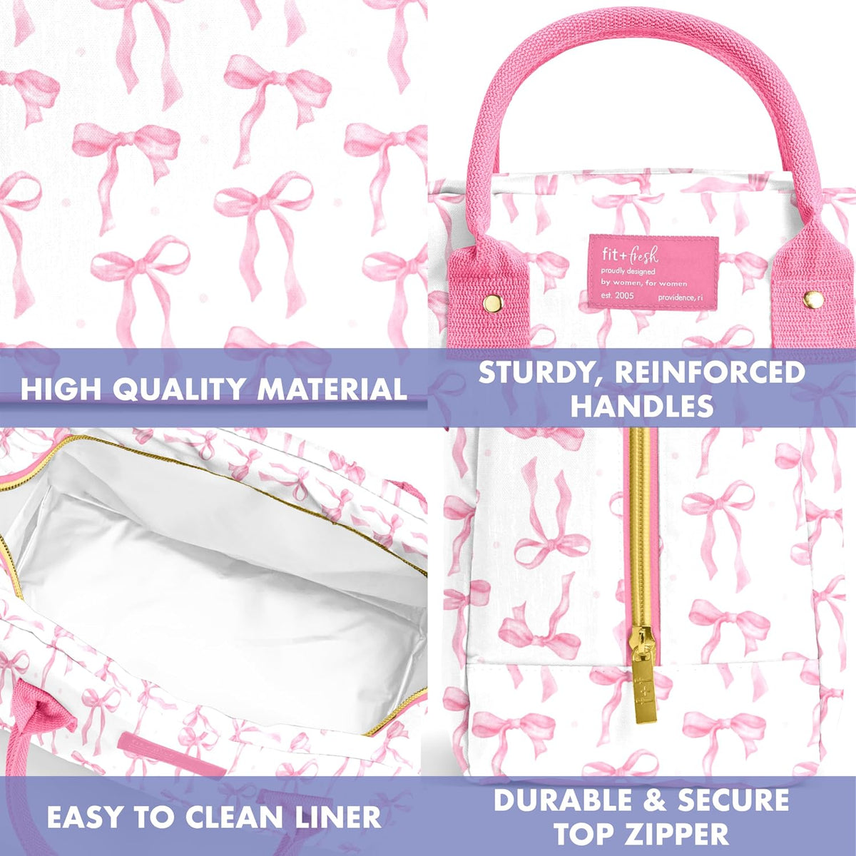 Bloomington Lunch Bag for Women - Insulated Large Lunch Box for Work with Containers, Leak-Resistant, Stain-Resistant, Zipper Closure, Pink Bows