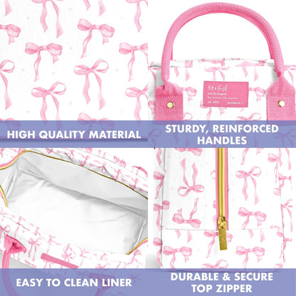 Bloomington Lunch Bag for Women - Insulated Large Lunch Box for Work with Containers, Leak-Resistant, Stain-Resistant, Zipper Closure, Pink Bows