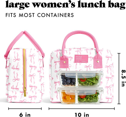 Bloomington Lunch Bag for Women - Insulated Large Lunch Box for Work with Containers, Leak-Resistant, Stain-Resistant, Zipper Closure, Pink Bows