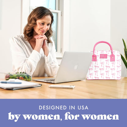 Bloomington Lunch Bag for Women - Insulated Large Lunch Box for Work with Containers, Leak-Resistant, Stain-Resistant, Zipper Closure, Pink Bows