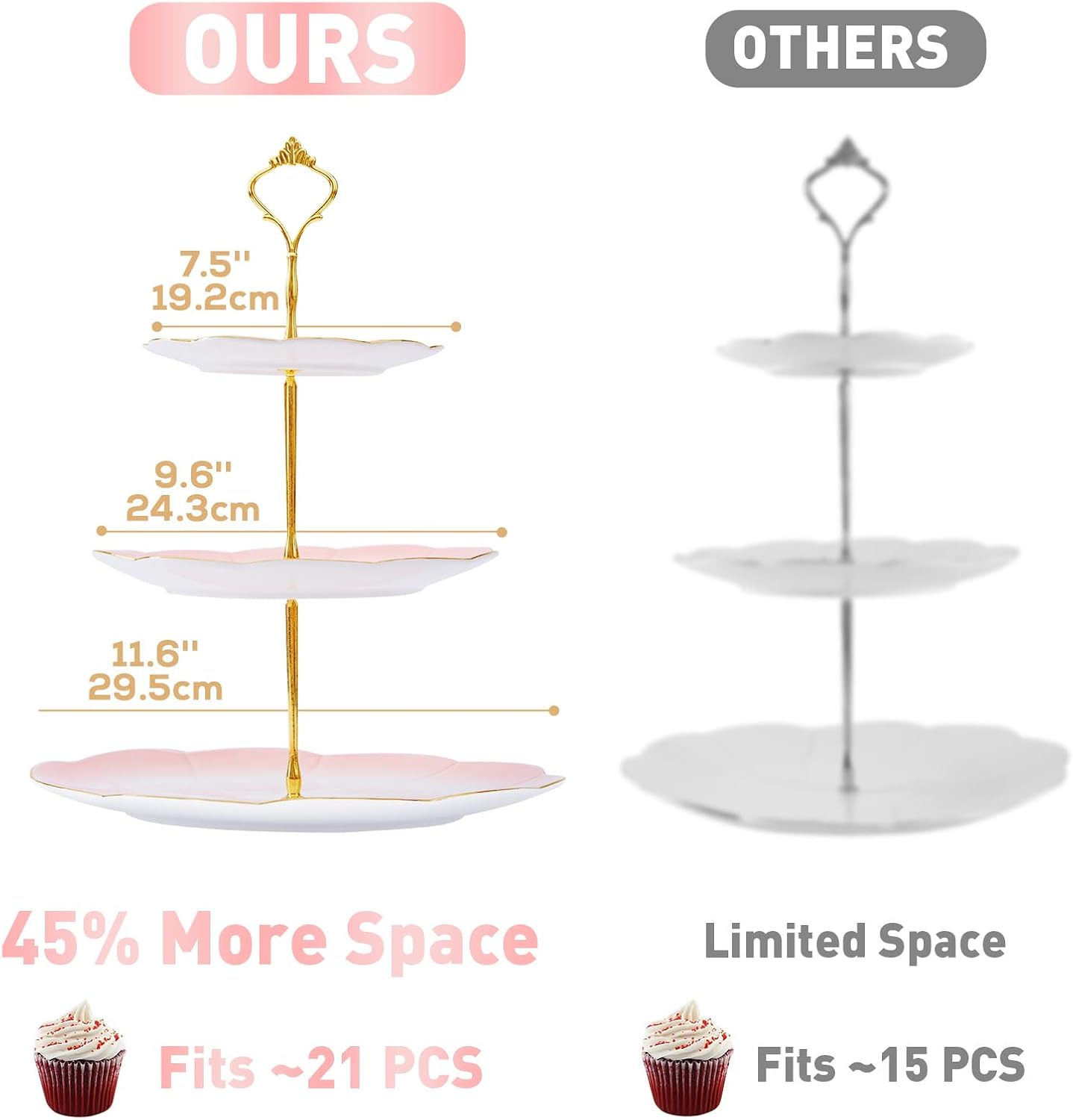 DUJUST Luxury Larger 3-Tier Cupcake Stand Tower, British Style Porcelain Serving Tray with Golden Trim, Food Grade Dessert Display Stand for Tea Party & Home Décor - 45% Gradient Pink Larger Plates