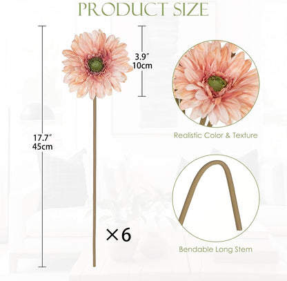 Briful Realistic Fake Flowers Bulk – 6pcs Gerbera Daisy Artificial Flowers Bouquet, Spring Summer Faux Flowers Indoor for Vase Filler, Wedding Centerpieces, Home & Outdoor Decor, Pink