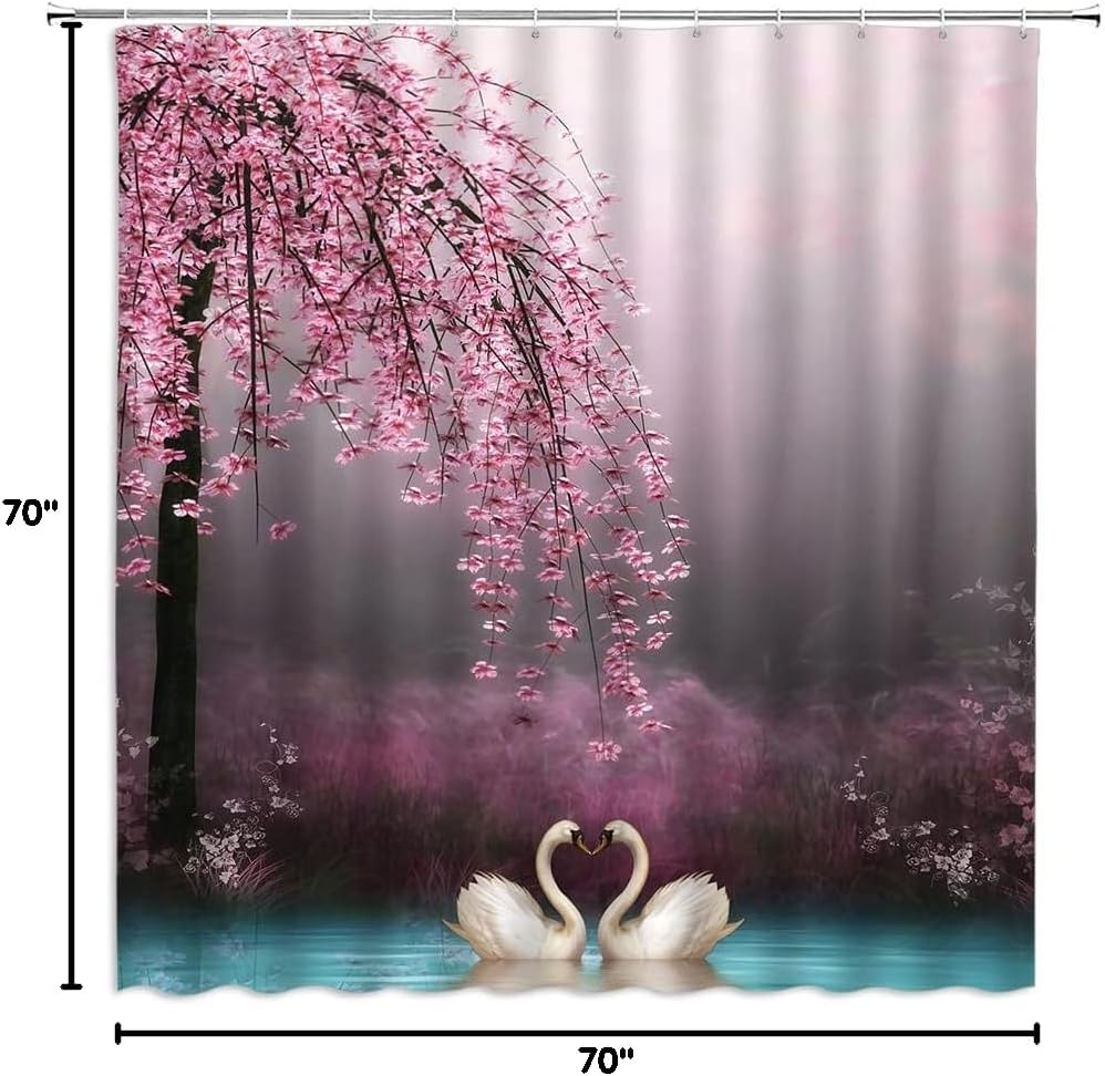 Cherry Blossoms Swan Shower Curtain Pink Peach Blossom Tree Flowers Lovers Swans Heart Shaped Dream Spring Garden Romantic Floral Plants Animals Valentine's Day Girl Gift Bathroom Bathtub Decor