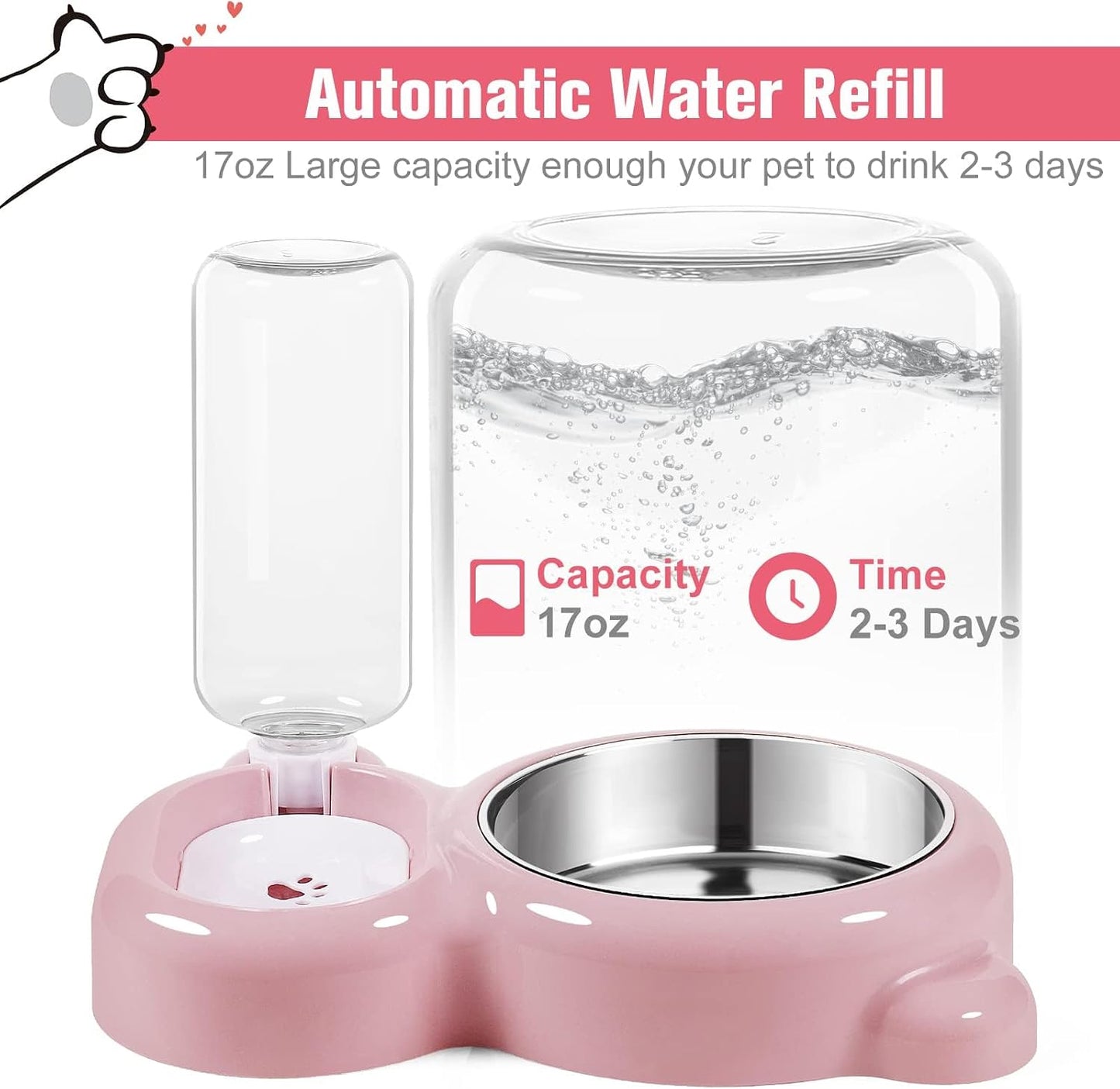Double Dog Cat Bowls, Cat Food and Water Bowl Set with Auto-Water Dispenser and Stainless Steel Bowl Feeder for Small Size Dogs & Cats, Anti-Slip & Splash Design, Cute Pink