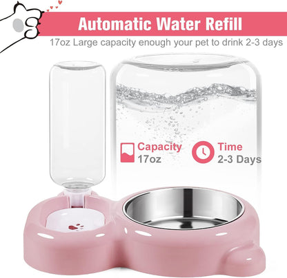 Double Dog Cat Bowls, Cat Food and Water Bowl Set with Auto-Water Dispenser and Stainless Steel Bowl Feeder for Small Size Dogs & Cats, Anti-Slip & Splash Design, Cute Pink
