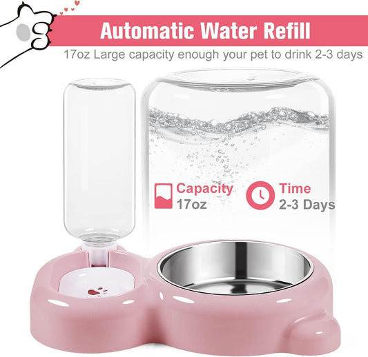 Double Dog Cat Bowls, Cat Food and Water Bowl Set with Auto-Water Dispenser and Stainless Steel Bowl Feeder for Small Size Dogs & Cats, Anti-Slip & Splash Design, Cute Pink