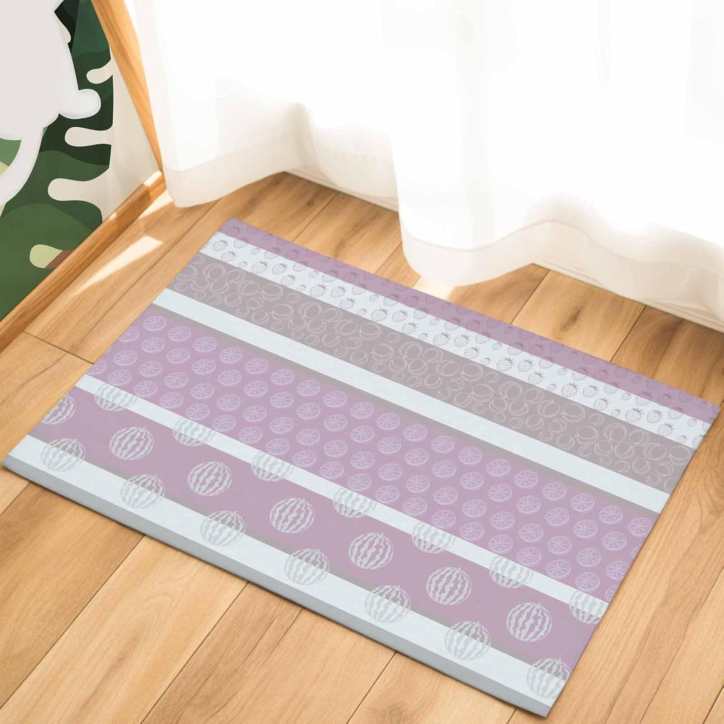 Farm Fruits Indoor Door Mat - 16"x24", Non-Slip Welcome Mat for Outdoor, Watermelon Lemons Peach Pink Grey Striped Front Doormat for Entry, Low-Profile Doormat Entrance Rug for Kitchen/Bathroom