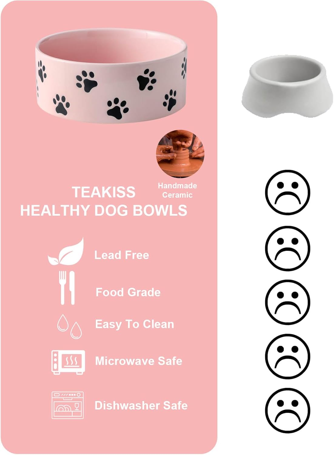 6.5 Inch Pastel Pink Ceramic Dog Bowl with Paw Print Pattern - Porcelain Wide Mouth Dog Food or Water Bowls, Large Feeding Pet Bowls for Indoor Medium Sized Dogs, for Wet or Dry Food