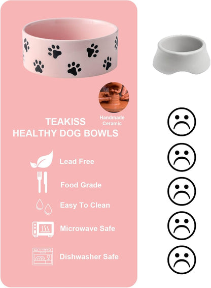 6.5 Inch Pastel Pink Ceramic Dog Bowl with Paw Print Pattern - Porcelain Wide Mouth Dog Food or Water Bowls, Large Feeding Pet Bowls for Indoor Medium Sized Dogs, for Wet or Dry Food
