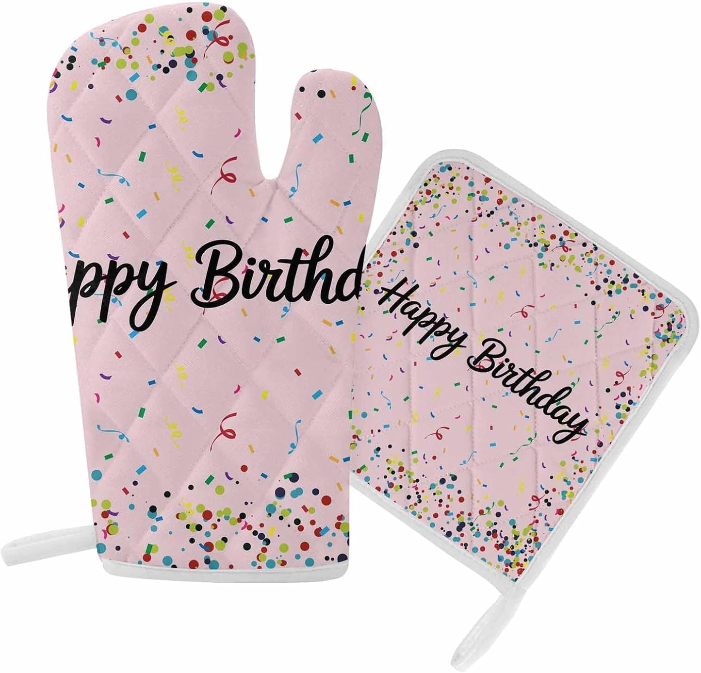 Oven Mitts and Pot Holder Set for Kitchen, Happy Birthday Kitchen Oven Gloves Heat Resistance Non-Slip Surface Polka Dot Ribbon Celebration Light Pink Hot Pads Sets for Cooking Baking Grilling BBQ