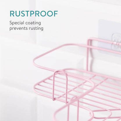Navaris Self Adhesive Shower Caddy - Set of 2 Bathroom Organizer Shelves for Corner Wall of Bath - Toiletry Shampoo Storage Rack Holder - Pink