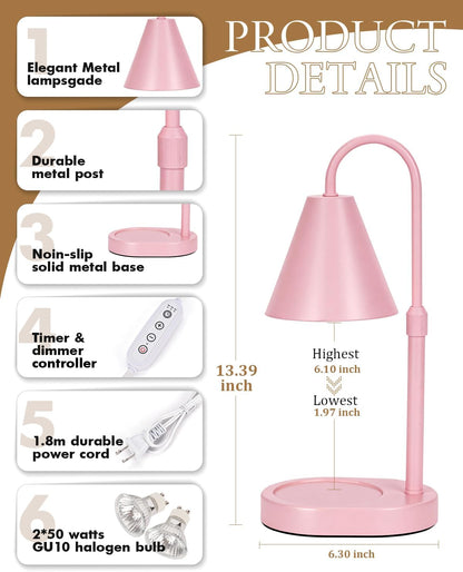 Funistree Modern Pink Candle Warmer Lamp with Timer, Dimmable Candle Lamp Warmer, Mothers Day Birthday Gifts for Women, Adjustable Candle Light, Anniversary Day Gifts Candle Warmer,Bedroom Home Decor
