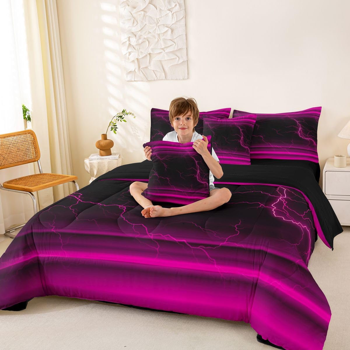 Erosebridal Black Pink Neon Light Girls 7 Piece Bedding Set Twin | Ombre Lightning Pattern Comforter Set with Sheets Abstract Aesthetic Bed in A Bag Modern Art Bed Sets
