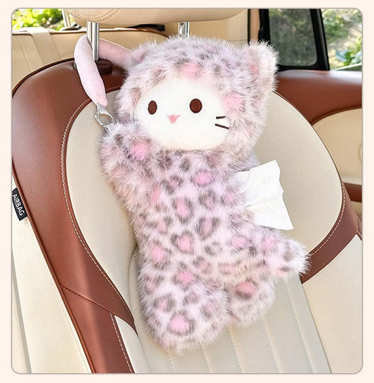 Tissue Box Cover Plush Tissue Box Holder for Car, Home, Decorative Holder/Organizer for Bathroom Vanity Countertop, Nightstands, Office Desk-Pink Leopard Cat