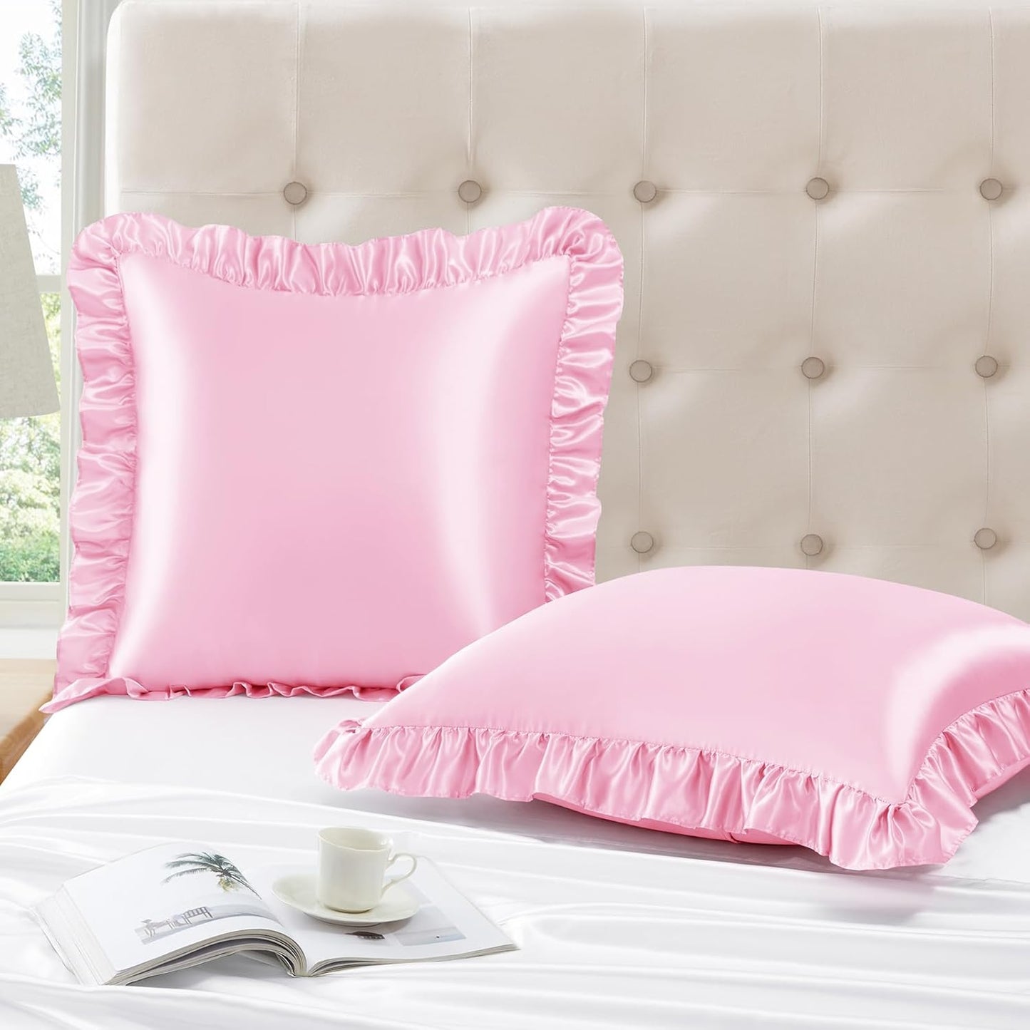 Pink Ruffle Pillow Shams Set of 2, 18 x 18 Inch Satin Ruffle Pillow Covers for Hair and Skin, Silky Pillowcase with Envelope Closure, Anti Wrinkle Ruffled Pillowcase for Sofa, Bed