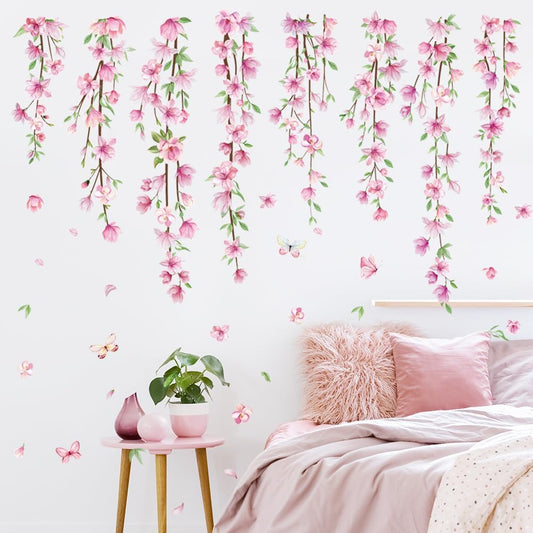 Pink Flower Vine Wall Decals Hanging Floral Wall Stickers Spring Cherry Blossom Peel and Stick Wall Art Decal Removable Vinyl Mural for Girls Bedroom Nursery Living Room